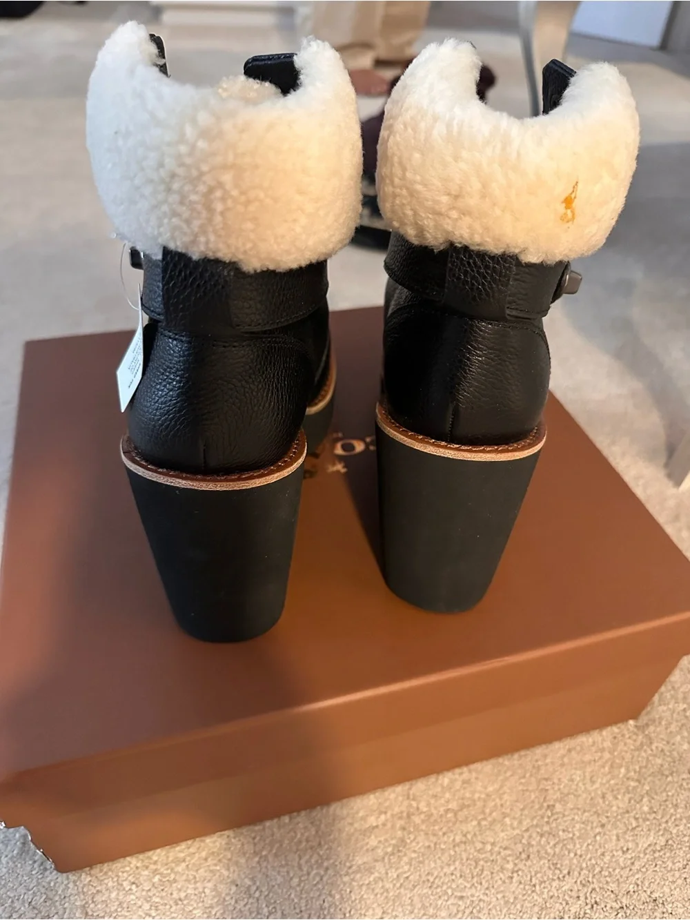 Coach Black Wedge Ankle Boots with Cream Shearling Trim
